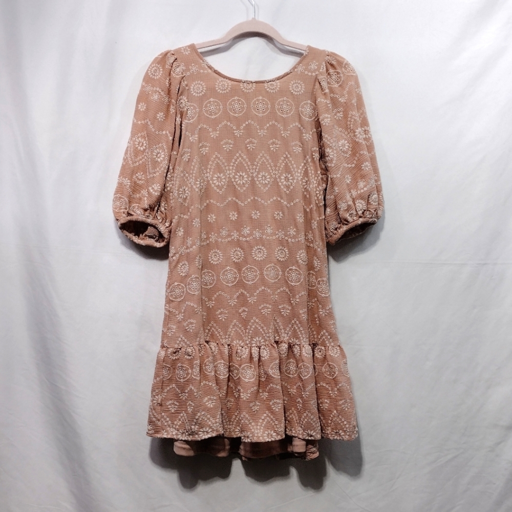 Blue Pepper Embroidered Babydoll Dress Womens XS Pink Floral Eyelet Cottagecore